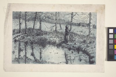 Girl By Pond (ætsning og pladetone trykt i blåt) af American School