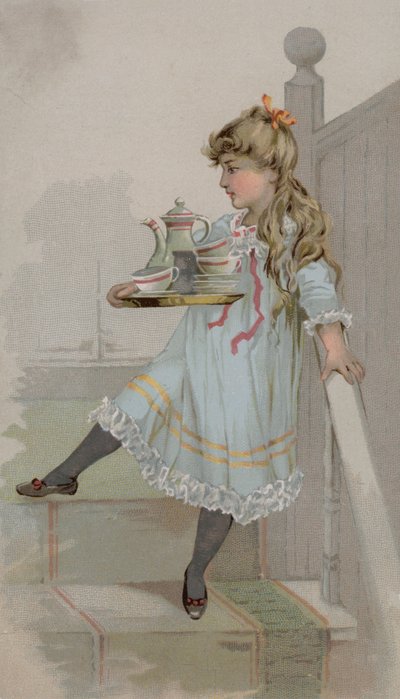 Pige bærer en kande kaffe på en bakke af American School
