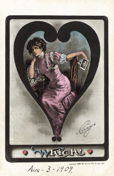 Pige overvejer sine elskeres relative attraktioner (farve litho) af American School