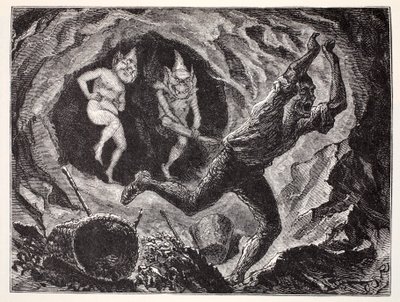 Gnomes Terrifying a Miner, fra The World Guide to Gnomes, Fairies, Elves and Other Little People af Thomas Keightley (1789-1872) Udgivet 1880 af American School