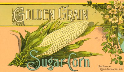 Produktetiket til gylden kornsukkermajs, ca. 1890 (farvelitografi) af American School
