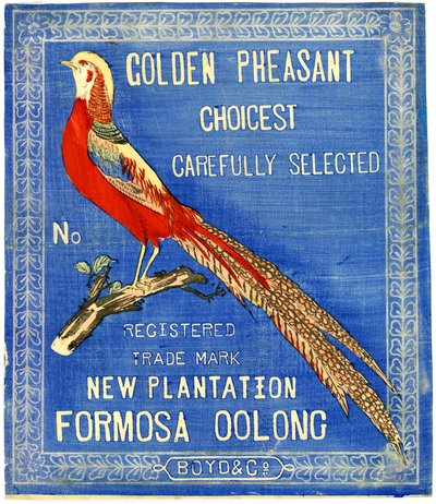 Golden Fasan Choicest Carefully Select, nr. Registreret varemærke New Plantation Formosa Oolong (blokprint (farvet blæk på papir med bagside)) af American School