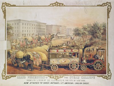 Stort optog af Steam Calliope tegnet af et hold på seks elefanter i byen New York, 1857 af American School