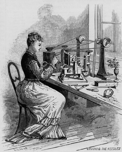 Grooving the Needles, illustration, der viser fremstilling af symaskiner fra magasinet Scientific American, 1879 af American School