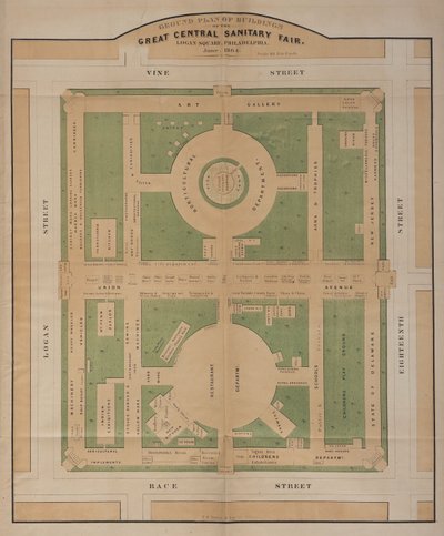 Grundplan over bygningerne til Great Central Sanitary Fair, Logan Square, juni 1864 (farvelitografi) af American School
