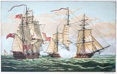 HMS Shannon vs den amerikanske Chesapeake i 1813 under krigen i 1812 (farve litho) af American School