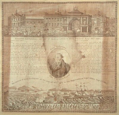 Lommetørklæde til minde om general Lafayettes (1757-1834) ankomst i 1824 (bomuld) af American School