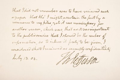 Håndskrift og underskrift af Thomas Jefferson, 1803 af American School