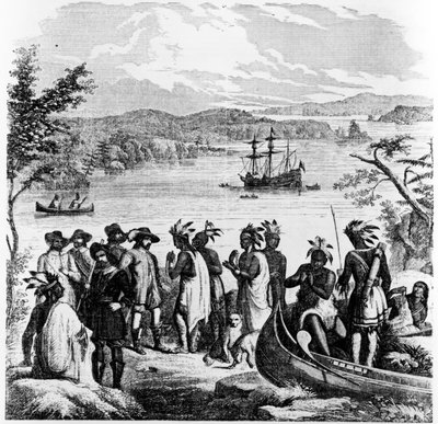 Henry Hudson på vej ned ad Hudson-floden, illustration fra Ballou