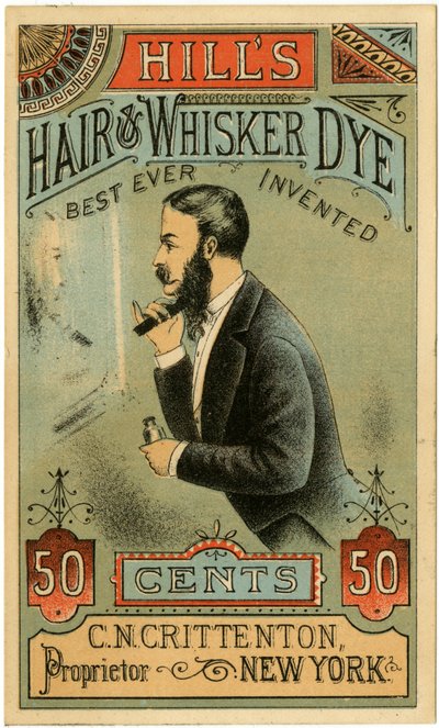 Hills Hair & Whisker Dye, bedst nogensinde opfundet, C.N. Crittenton, indehaver, New York. Handelskort, recto. (farve litho [varekort]) af American School