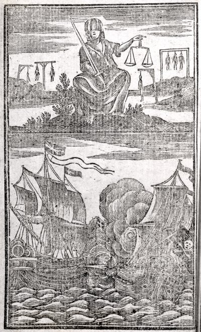 Historie og liv for alle de mest berygtede pirater og deres besætninger, frontispice, London, 1725 af American School