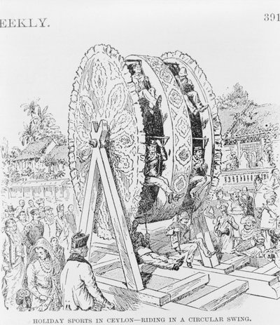 Feriesport i Ceylon, ridning i et cirkulært hjul, ca. 1893 (illustration) af American School