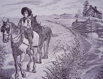 Heste trækker kanalbåd på slæbesti, Erie Canal (gravering) af American School