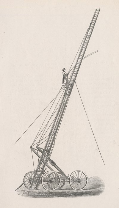 Illustration af slangeelevator og lastbil nr. 1. fra rapporten fra politistyrelsen i brandvæsenet til Chicagos fællesråd, s. 70., 1872 (træstik) af American School