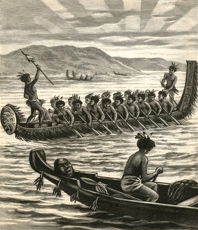Illustration af maori-krigere i kanoer af American School