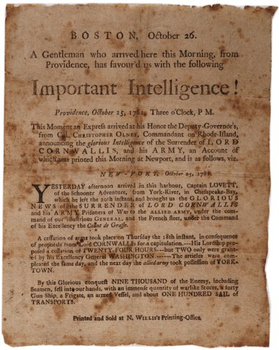 Vigtig intelligens! (meddeler Cornwallis overgivelse i Yorktown), lille bredside trykt af M. Willis, Boston, 26. oktober 1781 af American School