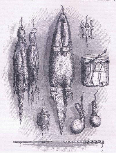 Indisk medicintaske, mystisk fløjte, kampe og tromme 1661, illustration fra Cassell