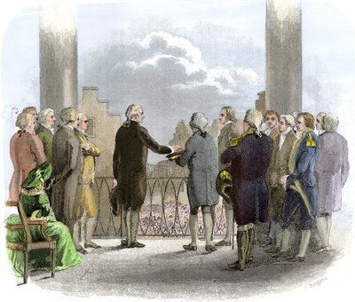 Indsættelse af George Washington (1732-1799) (farvestik) af American School