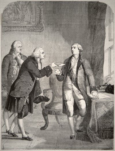 John Adams (1735-1826) som den første amerikanske ambassadør ved det engelske hof, der præsenterede sine akkreditiver til kong George III (1738-1820) (litografi) af American School