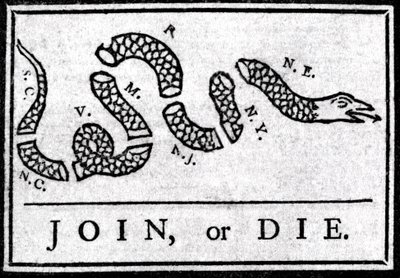 Join or Die, tegning, betragter den første politiske tegneserie, offentliggjort i "Pennsylvania", Gazette af Benjamin Franklin i 1754. Den repræsenterer en slange opdelt i flere sektioner med legenden "" Join or Die"". Dette er en appel til det 13. amerika af American School