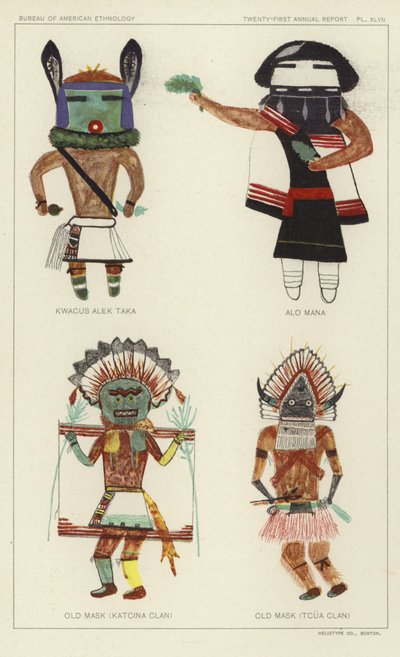 Kwacus Alek Taka, Alo Mana, gammel maske (Katcina-klanen), gammel maske (Tcua-klanen) (farvelitografi) af American School