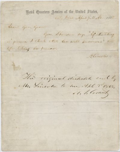 Brev fra Abraham Lincoln til general Ulysses S. Grant, 7. april 1865 af American School