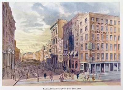 Ser ned ad Broad Street fra Wall i 1873, illustration fra Old New York, i går og i dag af Henry Collins Brown, 1922 af American School