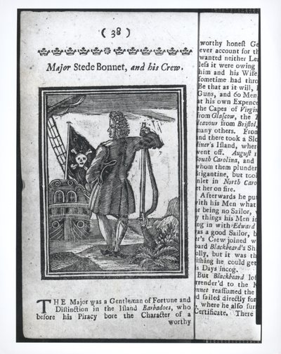 Major Stepe Bonnet, side 38 fra Historier og liv for alle de mest berygtede pirater og deres besætninger, London, 1725 af American School