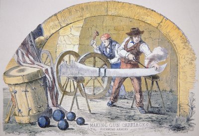 At lave konfødererede pistolvogne ved Tredegar Iron Works i Richmond, Virginia (farvet gravering) af American School
