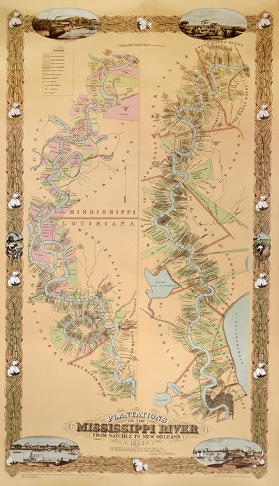 Kort, der viser plantager ved Mississippi-floden fra Natchez til New Orleans, 1858 af American School