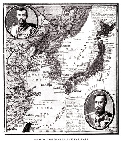Kort over det østlige Rusland, Korea og Japan under den japansk-russiske konflikt (1904-1905). I medaljon, tsar Nikolaj II af Rusland (1868-1918) og kejser Meiji af Japan (1852-1912). Illustration, i "Rusland og Japan og en fuldstændig historie om krigen i af American School