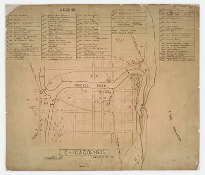 Kort over historiske huse og steder i Chicago, Illinois, ca. 1835 af American School