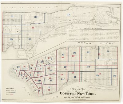 Kort over New Yorks amt, der viser afdelingerne og politidistrikterne og placeringen af stationshuse., 1870 (blæk på papir) af American School