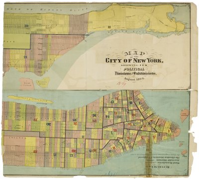 Kort over byen New York, der viser dens politiske opdelinger og underafdelinger af American School