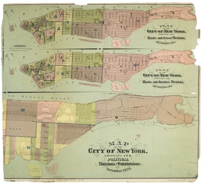 Kort over byen New York, der viser dens politiske opdelinger og underafdelinger af American School