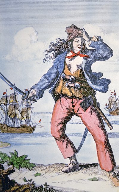 Mary Read, kvindelig pirat (farvet gravering) af American School