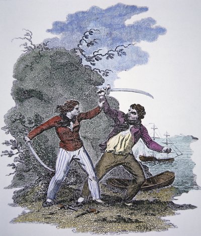 Mary Read kæmper mod en anden pirat for at redde sin mandlige elskers liv (farvet indgravering) af American School