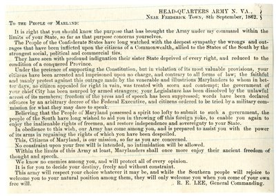 Besked til folket i Maryland for at støtte konføderationen, 8. september 1862 af American School