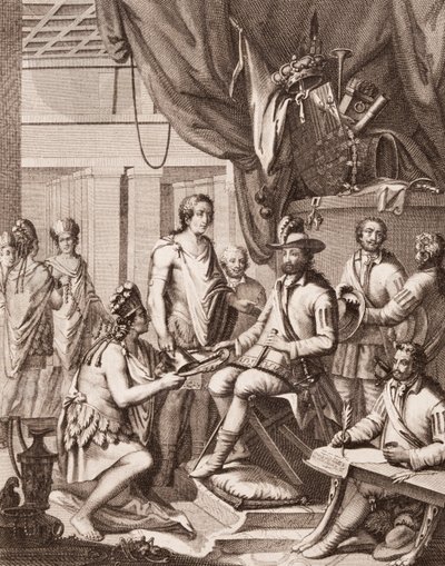 Montezuma overdrager sit imperium til kongen af Spanien, giver ham en hyldest og lover hans lydighed, fra Antonio de Solis y Rivadeneira Solis Historien om erobringen af Mexico, indgraveret af Ximeno af American School