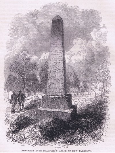Monument over Bradfords grav ved New Plymouth 1641, illustration fra Cassell