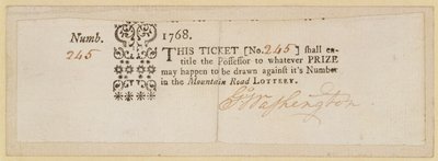 Mountain Road Lottery Ticket, underskrevet af George Washington (1732-99) 1768 (blæk på papir) af American School