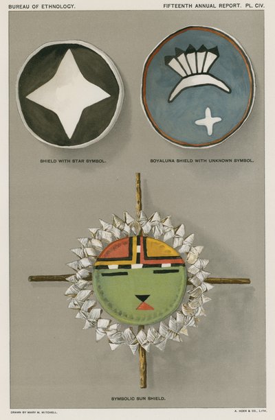 Native American skjolde - skjold med stjernesymbol, Soyaluna skjold med ukendt symbol, symbolsk solskjold af American School