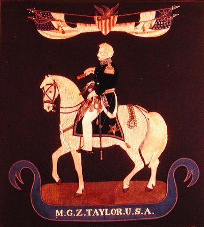 Håndarbejdsbillede forestillende generalmajor Zachary Taylor til hest, ca. 1846-55 (filt, silke, hør, bomuld, metal, læder, glas, maling) af American School