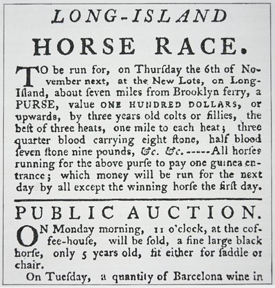 Meddelelse om et hestevæddeløb på Long Island, fra Rivington