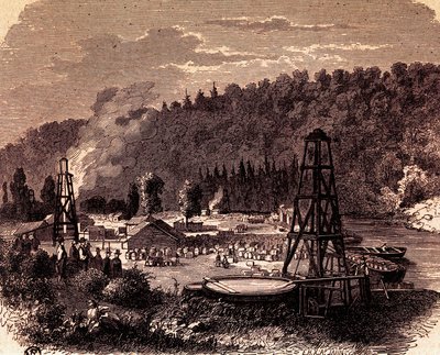 Oliefelter i Titusville i Pennsylvania, med første brønd Derrick opfundet af Edwin Laurentine Drake i 1859, gravering, USA af American School