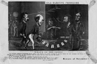 Gammel valgfri franchise, hvad står der på kortene? : pas på november!, ca. 1868 af American School