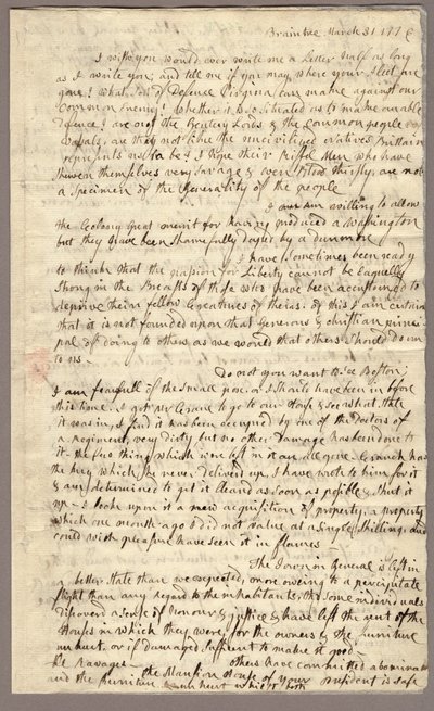 Side 1, Brev fra Abigail Adams til John Adams, 31. marts - 5. april 1776 (blæk på papir) af American School