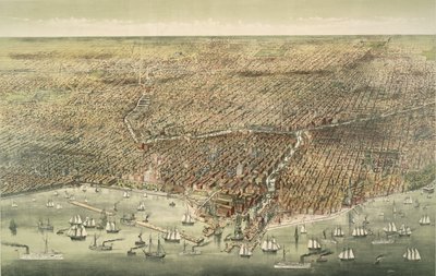 Panoramaudsigt over byen Chicago, pub. 1892 (farvelitografi) af American School