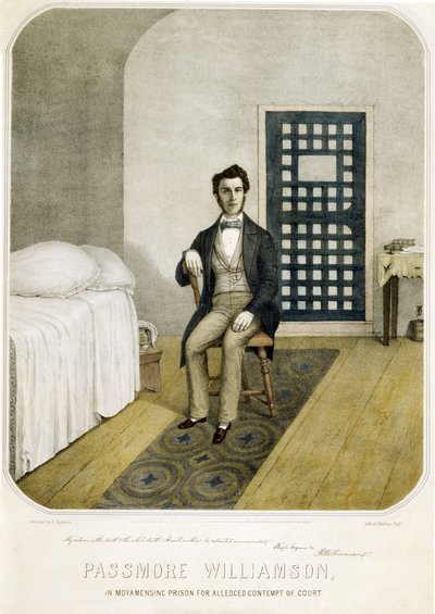 Passmore Williamson i Moyamensing-fængslet for påstået foragt for retten, pub. 1855 (farvelitografi) af American School
