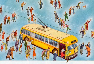 Fodgængere stiger på en bybus af American School
